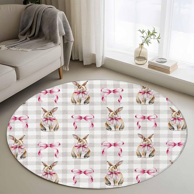 Washable Round Area Rug Easter Rabbit Pink Bow Circle Rugs Floor Carpet for Living Room Bedroom, Seamless Bunny Gray Buffalo Plaid Soft Non Slip Round Rug 3ft