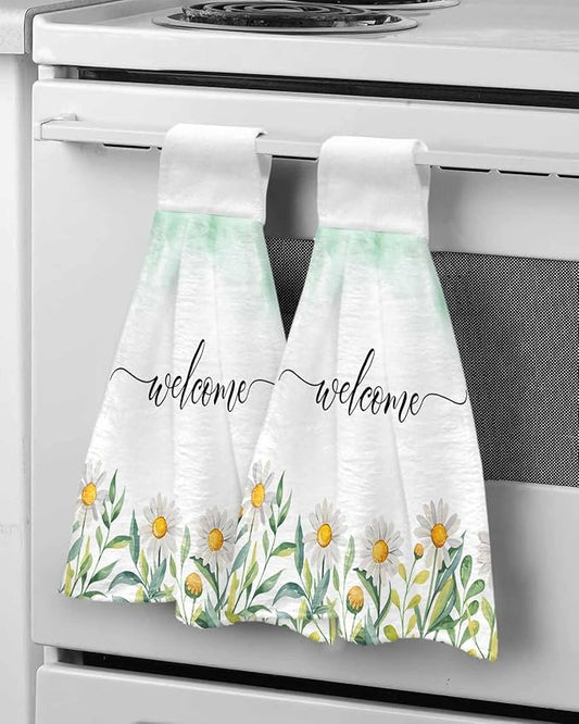 Alandar Home Kitchen Tie Towel Set of 1, Pastoral Farm Daisy Flowers Absorbent Soft Hand Towels for Bathroom Hanging Towels, Welcome on Gradient Green Fast Drying Cleaning Cloth with Loop