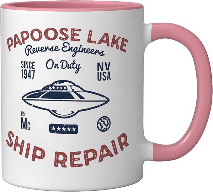 Flying Saucer Papoose Lake Ship Repair Funny UFO Ceramic Mug, Pink/White