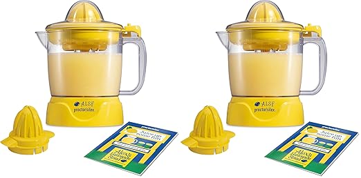 Proctor Silex Alex's Lemonade Stand Electric Citrus Juicer Machine, Large 34 oz. Pitcher, Pressure Activated, for Lemons, Limes and Oranges, 34 oz, Includes 2 Reamers & Recipe Book, Yellow (66341)