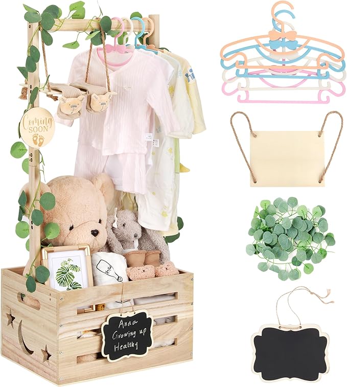 Wooden Baby Shower Crate Closet with Adjustable Handle & Garland, Large Personalized Baby Shower Basket Clothes Hangers Rack Storage Box, Pregnancy Gifts for New Parents Newborn Boy Girl