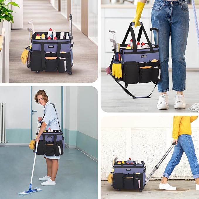 JKAOO Large Rolling Cleaning Caddy Bag with Detachable Trolley, Waterproof Cleaning Caddy on Wheels for Housekeepers, Cleaning Cart Supplies Organizer for Home,Car,Office,Picnic (Denim Blue)(InPatent)