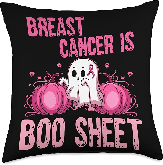 Breast Cancer Awareness Pink Ribbon Halloween Breast Cancer is Boo Sheet. Throw Pillow, 18x18, Multicolor