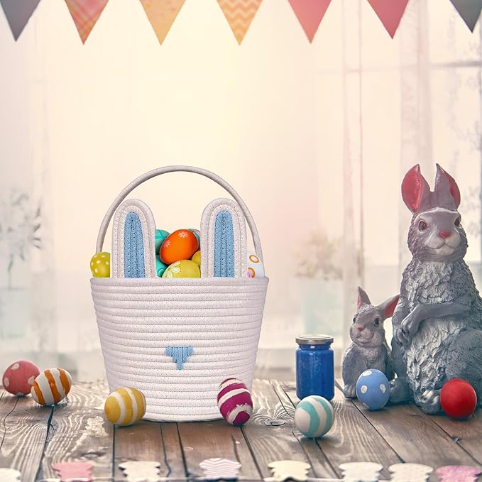 Poschnor Large Easter Basket with Gift Bags and Ribbons, Easter Bunny Basket for Kids, Woven Cotton Rope Basket for gifting, Blue/White