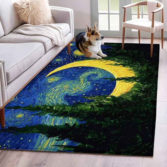 Area Rug 4x6ft, Giant Moon Forest Expressionist Art Washable Rugs for Living Room Bedroom, Dreamy Night Navy Blue Soft Non-Slip Area Rugs Rectangle Floor Carpet for Dining Room