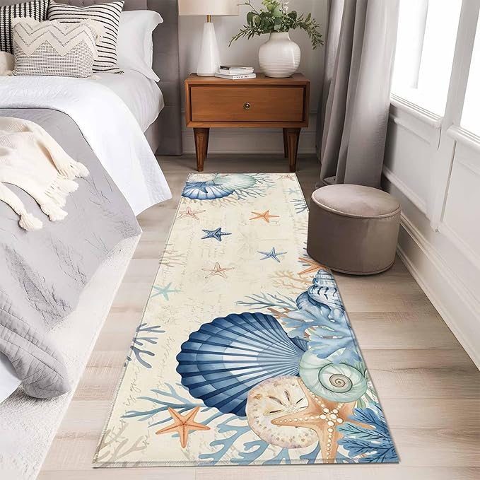 Runner Rug for Bedroom Hallway, Summer Blue Shells Starfish Kitchen Runner Rugs Area Rug 2x6ft, Vintage Coral Shells Fish Washable Soft Floor Carpet for Entryway Stair