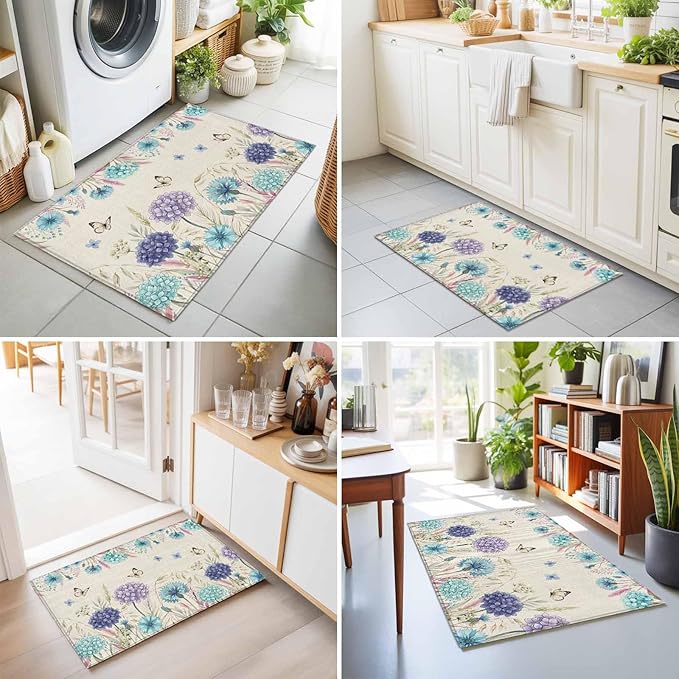 Area Rug 2x3ft, Farm Blossom Floral Hydrangea Washable Rugs for Living Room Bedroom, Watercolor Butterfly on Linen Soft Non-Slip Area Rugs Rectangle Floor Carpet for Dining Room