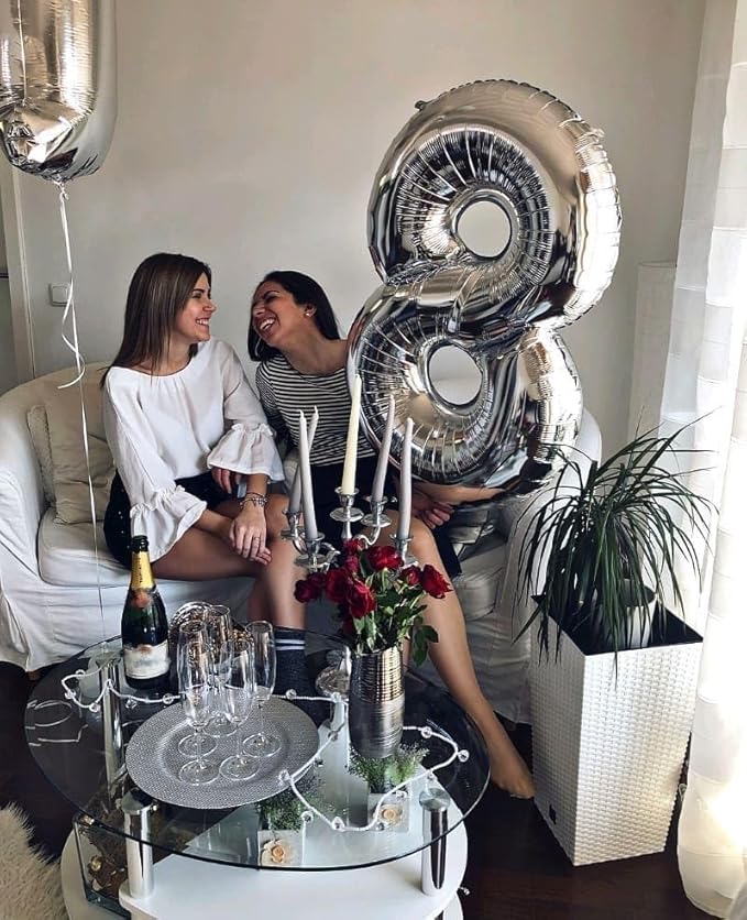 8 Numbers Balloon 40 Inch, Silver Birthday Decorations For Women Men, Number Balloons for 8, 18, 28 Wedding, Anniversaries, Celebration, Graduation
