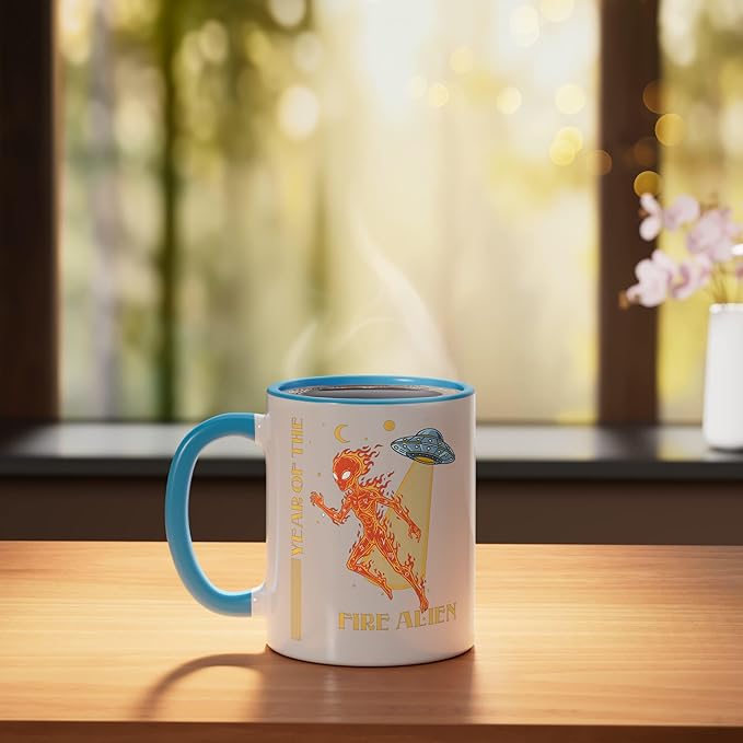 Year of the Fire Alien Chinese Zodiac Celestial Astrology Ceramic Mug, Blue/White