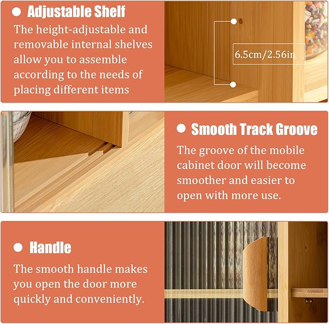 Countertop Kitchen Pantry Cabinet,Bamboo Wall Sideboard with Sliding Glass Doors,Pantry Cabinet for Kitchen, Living Room,Dinning,Bedroom,Walnut,30.3" W