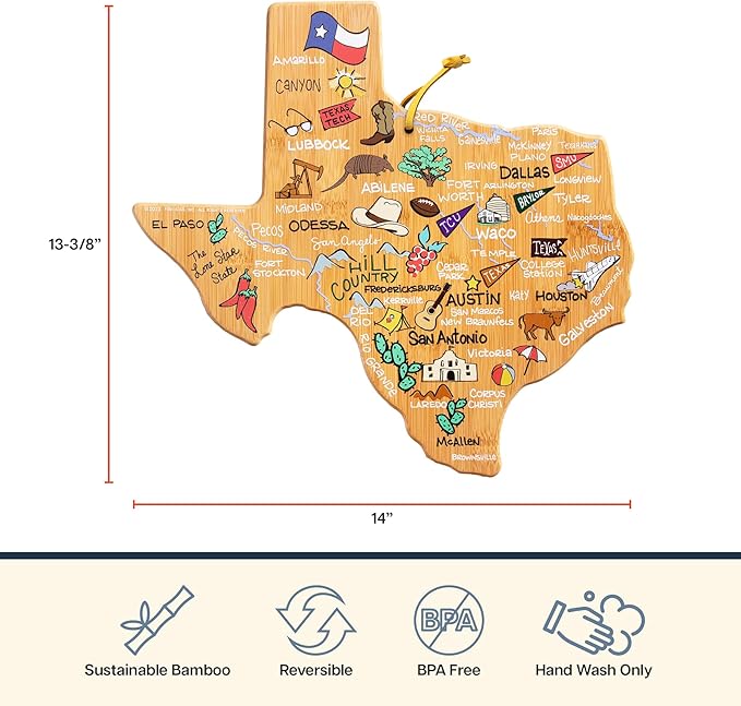 Totally Bamboo Texas State Shaped Cutting Board with Artwork by Fish Kiss – Colorful Map Artwork for Serving, Display or Kitchen Use – Unique Texas Gift and Home Décor