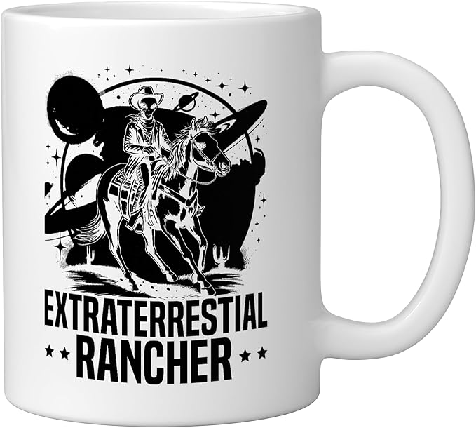 Alien Lover Flying Saucer UFO Extraterrestrial Cowboy Ceramic Mug, White