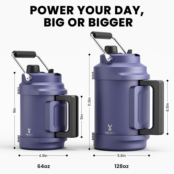 64 oz Insulated Water Bottle for Gym: Meoky Triple Wall Vacuum Stainless Steel Half Gallon Water Jug - Top and Side Handles, 2-in-1 Straw and Spout Lid, Cold for 36 Hrs, Leak Proof for Camping (Navy)