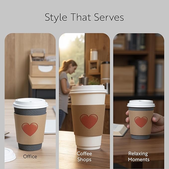 Restaurantware Coffee Sleeves Pack of 50 Corrugated Kraft Paper Coffee Cup Sleeves Fit for 12,16, 20-Ounce Hot Beverages Drinkwares Secure Grip Disposable with Heart Emoji for Valentine's Day