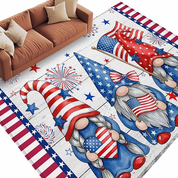 Area Rug 6x9ft, Independence Day USA Flag Star Dwarf Washable Rugs for Living Room Bedroom, Stripes on Wood Grain Soft Non-Slip Area Rugs Rectangle Floor Carpet for Dining Room