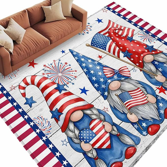 Area Rug 6x9ft, Independence Day USA Flag Star Dwarf Washable Rugs for Living Room Bedroom, Stripes on Wood Grain Soft Non-Slip Area Rugs Rectangle Floor Carpet for Dining Room