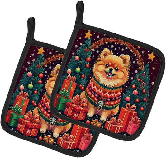 Caroline's Treasures Pomeranian Christmas Pair of Pot Holders Kitchen Heat Resistant Pot Holders Sets Oven Hot Pads for Cooking Baking BBQ, 7 1/2 x 7 1/2