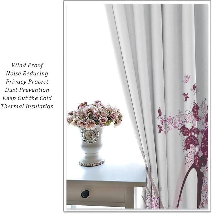 High Heel Shoe Curtains, Girls Lady Floral Eiffel Tower Cloth Farbic Window Treatment Curtains Bedroom Dining Room Living Room Office Kitchen Cafe Drapes, 72x63 in