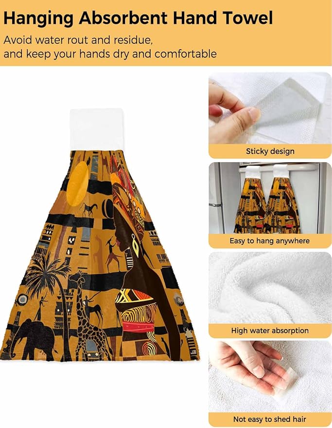Alandar Home Kitchen Tie Towel Set of 2, Black Women Giraffe Elephant Tree Absorbent Soft Hand Towels for Bathroom Hanging Towels, African Animal Fast Drying Cleaning Cloth with Loop