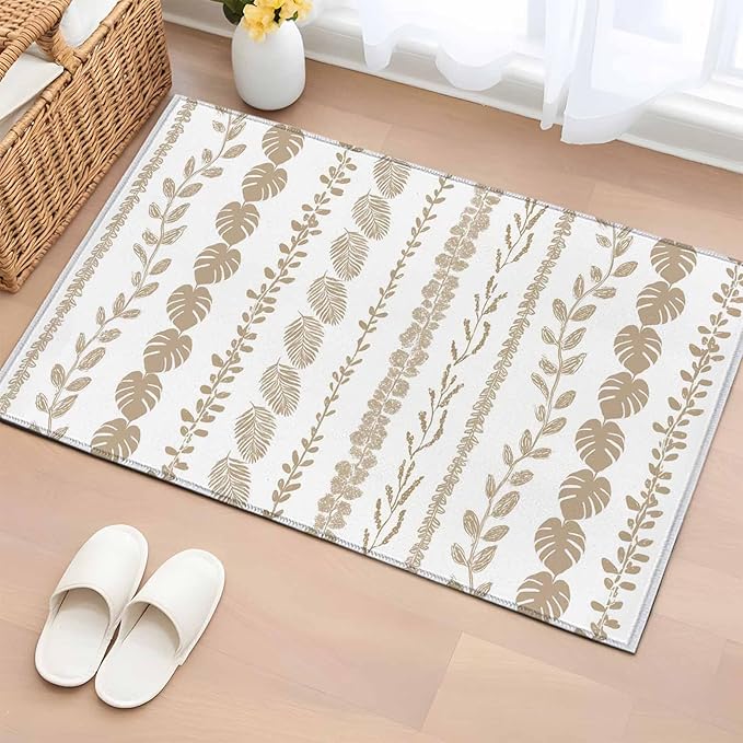 Area Rug 2x3ft, Farmhouse Monstera Leaf Seamless Washable Rugs for Living Room Bedroom, Summer Rustic Abstract Leaves Soft Non-Slip Area Rugs Rectangle Floor Carpet for Dining Room