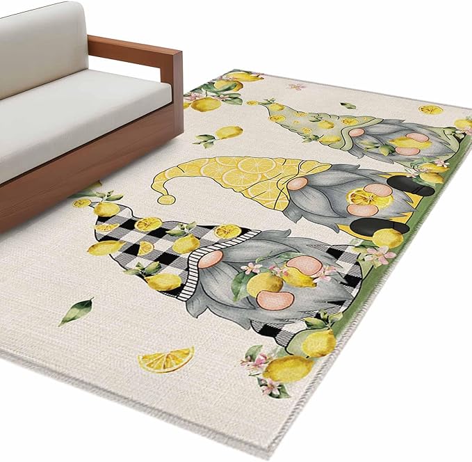 Area Rug 3x5ft, Summer Gnome with Lemon Washable Rugs for Living Room Bedroom, Farmhouse Dwarf Fruit on Linen Soft Non-Slip Area Rugs Rectangle Floor Carpet for Dining Room