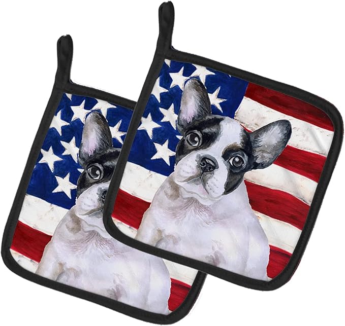 Caroline's Treasures BB9710PTHD French Bulldog Black White Patriotic Pair of Pot Holders Kitchen Heat Resistant Pot Holders Sets Oven Hot Pads for Cooking Baking BBQ, 7 1/2 x 7 1/2