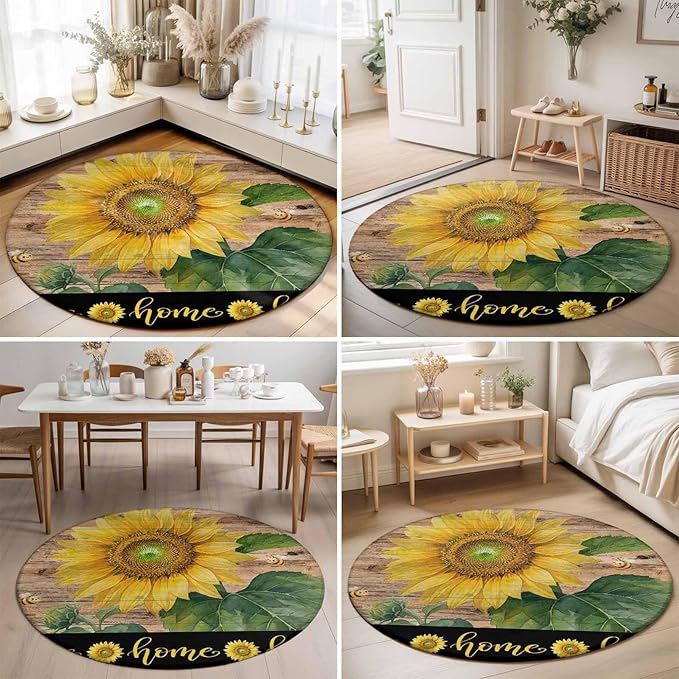 Washable Round Area Rug Summer Sunflowers Bees Circle Rugs Floor Carpet for Living Room Bedroom, Farmhouse Wood Background Soft Non Slip Round Rug 3ft