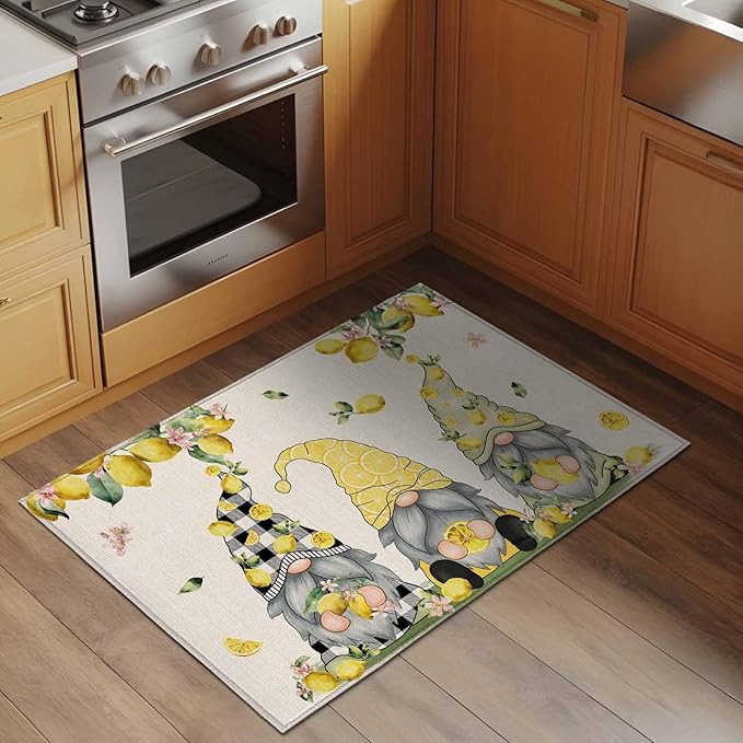 Area Rug 2x3ft, Summer Gnome with Lemon Washable Rugs for Living Room Bedroom, Farmhouse Dwarf Fruit on Linen Soft Non-Slip Area Rugs Rectangle Floor Carpet for Dining Room