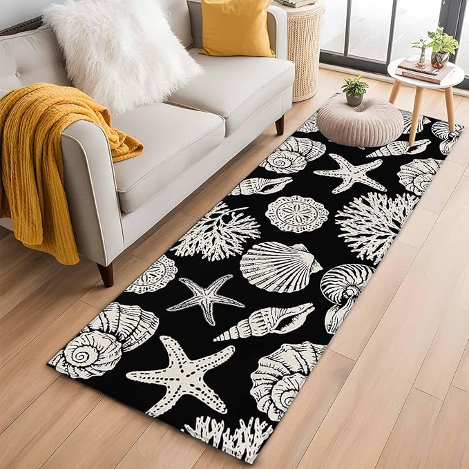 Runner Rug for Bedroom Hallway, Marine Starfish Shell Conch Kitchen Runner Rugs Area Rug 2x6ft, Ocean Life on Black Washable Soft Floor Carpet for Entryway Stair