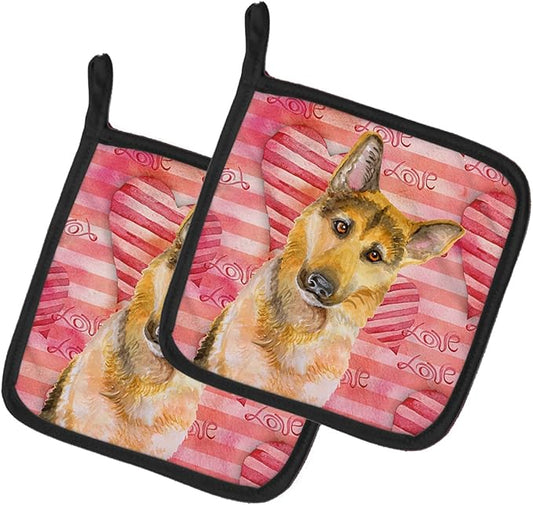 Caroline's Treasures BB9798PTHD German Shepherd #2 Love Pair of Pot Holders, Red Kitchen Heat Resistant Pot Holders Sets Oven Hot Pads for Cooking Baking BBQ, 7 1/2 x 7 1/2