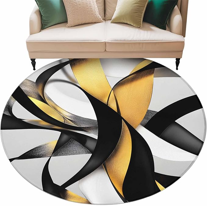 Washable Round Area Rug Modern Geometric Stripe Texture Circle Rugs Floor Carpet for Living Room Bedroom, Abstract Gold Black White Line Soft Non Slip Round Rug 5ft