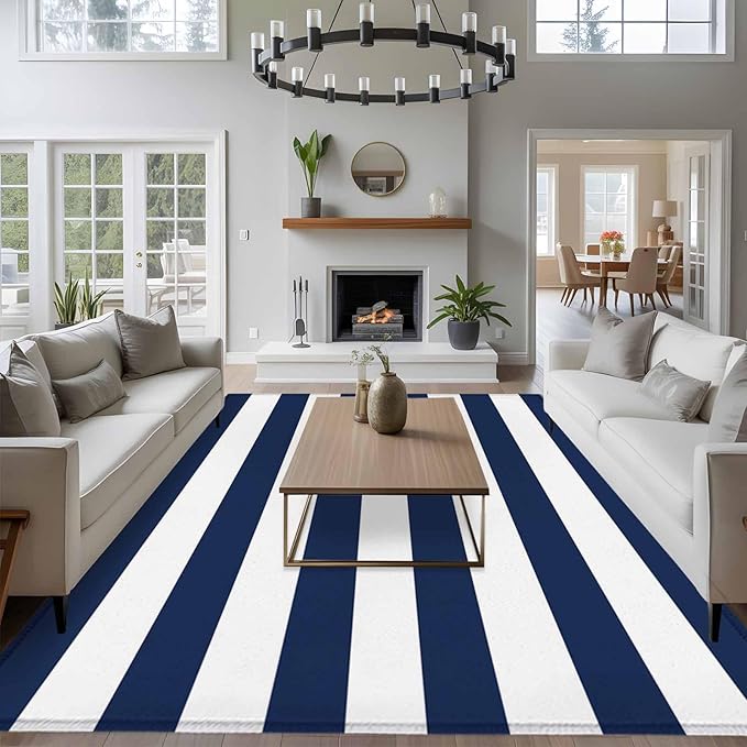 Area Rug 6x9ft, Nautical Black and White Stripes Washable Rugs for Living Room Bedroom, Striped Soft Non-Slip Area Rugs Rectangle Floor Carpet for Dining Room