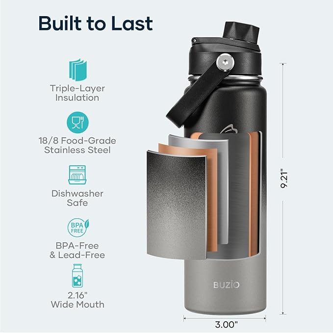 BUZIO 24 oz Water Bottle Insulated, Leakproof Stainless Steel Flask (Cold for 48 Hrs), Wide Mouth BPA-Free Metal Thermo Hydro Canteen with 2 Lids, Shadow
