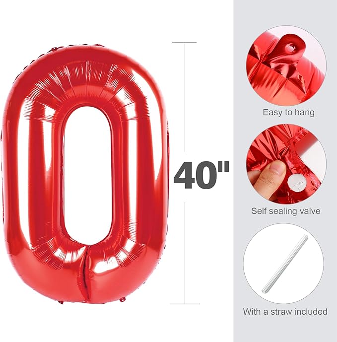 40 Inch Numbers 3 Balloon, Three Red Happy Birthday Balloons for Girls Boys Babies, Number Balloons for 3 13 23 30 Wedding Bridal Shower Anniversaries Party