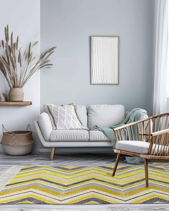 Kitchen Runner Rugs, Yellow Gray Gradient Zigzag Stripe 3'x5' Throw Rug with Tassels, Nordic Style Abstract Art Washable Soft Floor Carpet Runner for Hallway Bedroom Bathroom Laundry Room