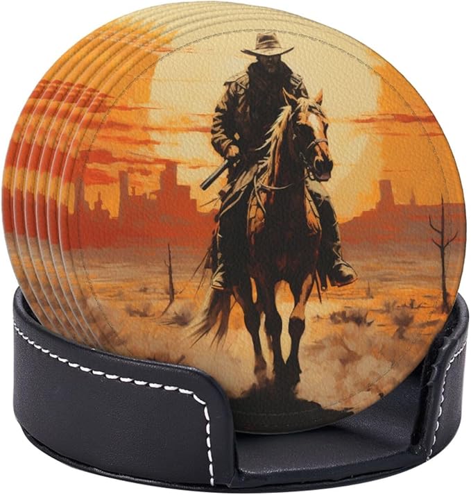 Famame 6 Pcs West Desert Cowboy Sunset Leather Coasters for Drinks with Holder Coaster Sets Drink Table Cup Coasters for Living Room Kitchen Coffee Decor