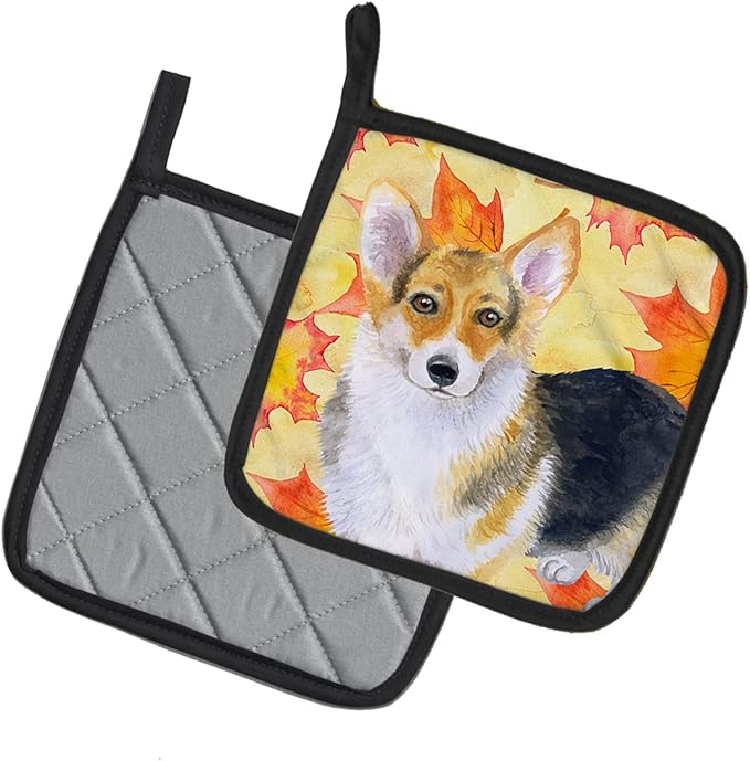 Caroline's Treasures BB9903PTHD Pembroke Corgi Fall Pair of Pot Holders, Yellow Kitchen Heat Resistant Pot Holders Sets Oven Hot Pads for Cooking Baking BBQ, 7 1/2 x 7 1/2