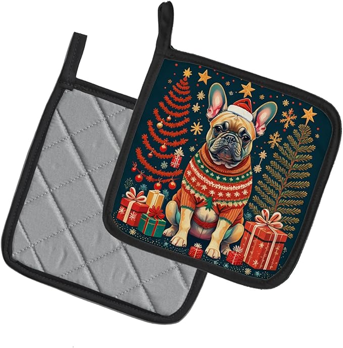 Caroline's Treasures Fawn French Bulldog Christmas Pair of Pot Holders Kitchen Heat Resistant Pot Holders Sets Oven Hot Pads for Cooking Baking BBQ, 7 1/2 x 7 1/2