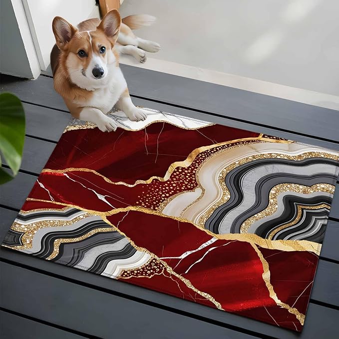 Area Rug 2x3ft, Abstract Flowing Marble Fluid Art Washable Rugs for Living Room Bedroom, Red and Gold Lines Soft Non-Slip Area Rugs Rectangle Floor Carpet for Dining Room