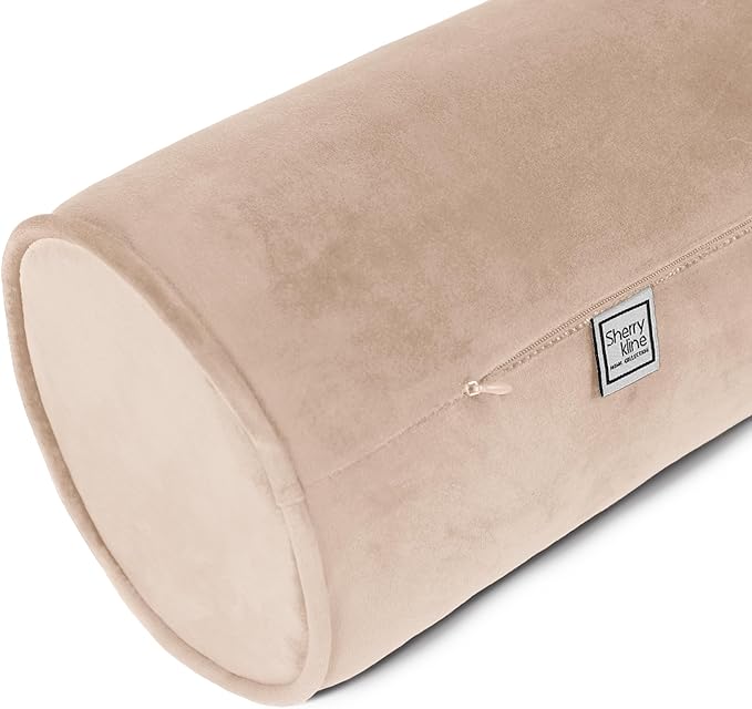 Sherry Kline Velvet Set of 2 Neck Bolster Pillow, Made with Plush Velvet, Cylinder Pillows, for Couch & Bed, Decorative Round Throw Pillow, Back & Neck Support (Set of 2, Taupe)