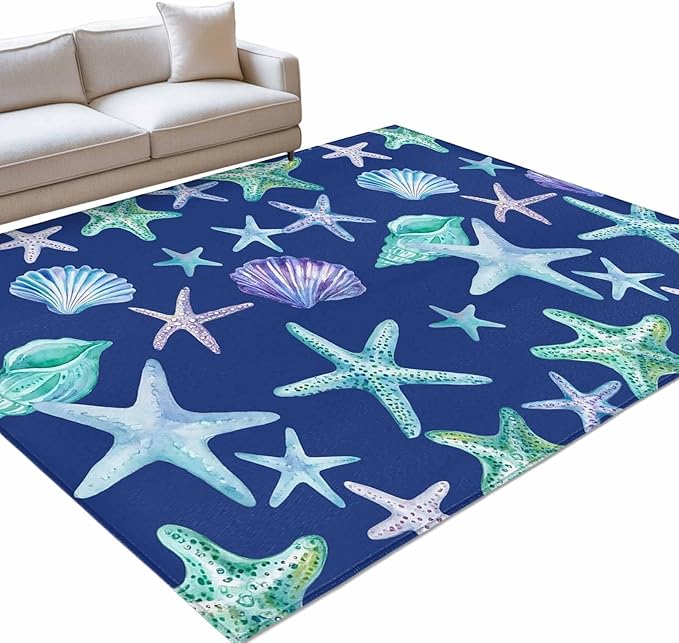 Area Rug 4x6ft, Summer Starfish Shell Conch Washable Rugs for Living Room Bedroom, Marine Creature on Blue Soft Non-Slip Area Rugs Rectangle Floor Carpet for Dining Room