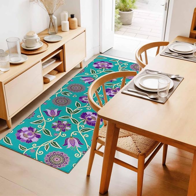 Runner Rug for Bedroom Hallway, Bohemian Purple Flowers Kitchen Runner Rugs Area Rug 2x6ft, Paisley Floral Art Washable Soft Floor Carpet for Entryway Stair