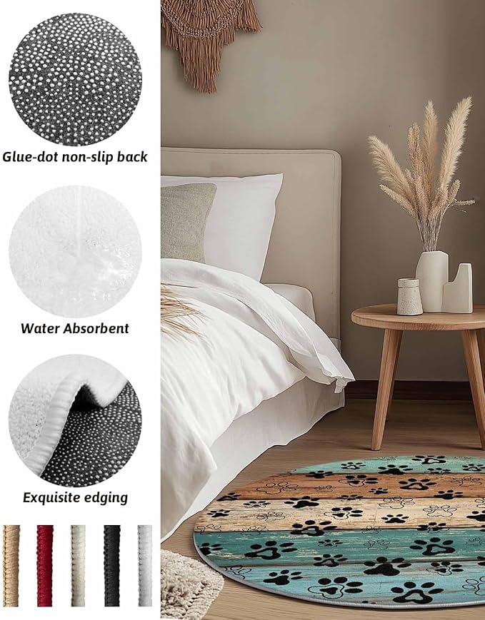 Round Area Rug,Dog Paw Farm Brown Wood Board Circle Living Room Rug Non-Slip Rugs Indoor Carpet,Animal Footprint Retro Wooden Soft Comfort Rugs for Bedroom KidsRoom Nursery