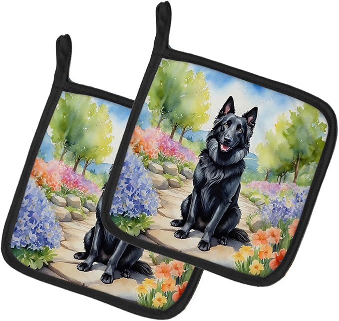 Caroline's Treasures Belgian Sheepdog Spring Path Pair of Pot Holders Kitchen Heat Resistant Pot Holders Sets Oven Hot Pads for Cooking Baking BBQ, 7 1/2 x 7 1/2