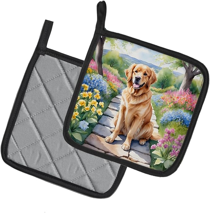 Caroline's Treasures Golden Retriever Spring Path Pair of Pot Holders Kitchen Heat Resistant Pot Holders Sets Oven Hot Pads for Cooking Baking BBQ, 7 1/2 x 7 1/2