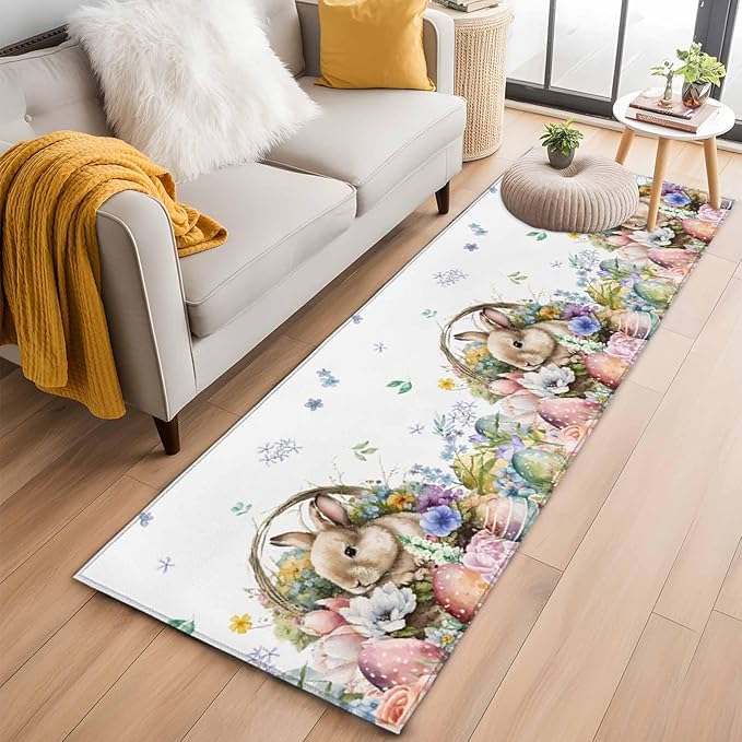Runner Rug for Bedroom Hallway, Easter Egg Spring Flower Cute Rabbit Kitchen Runner Rugs Area Rug 2x6ft, Blossom Floral on White Washable Soft Floor Carpet for Entryway Stair
