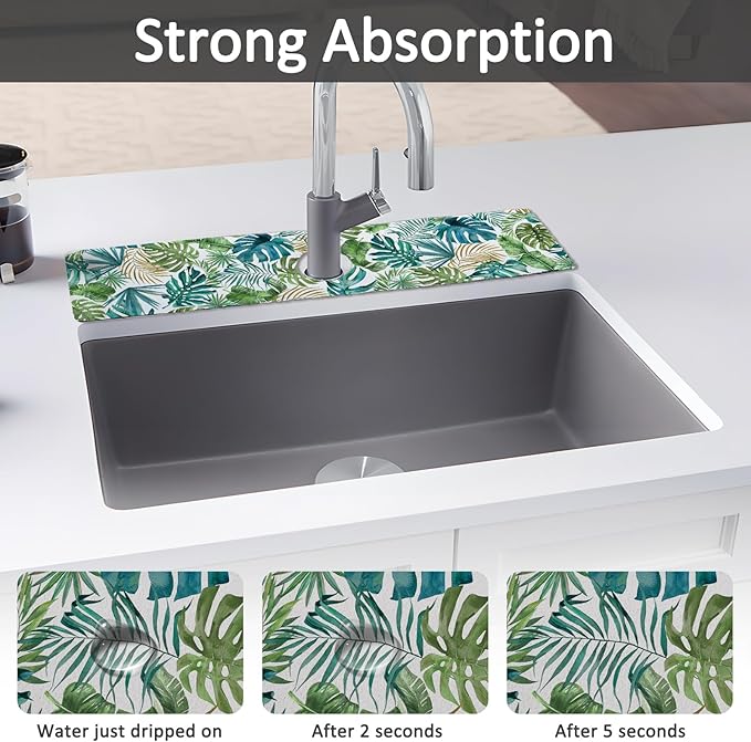 2PCS 24" X 5.5" Kitchen Sink Splash Guard Faucet Mat Leaf Super Absorbent Fast Drying Faucet Guard & Draining Mat Sink Splash Guard Behind Faucet for Kitchen, Bathroom