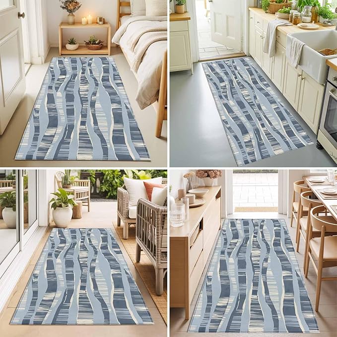 Runner Rug for Bedroom Hallway, Navy Blue Ocean Waves Coastal Horizon Kitchen Runner Rugs Area Rug 2x6ft, Abstract Art Washable Soft Floor Carpet for Entryway Stair