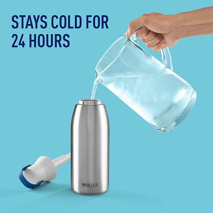Brita Stainless Steel Premium Filtering Water Bottle, BPA-Free, Reusable, Insulated, Replaces 300 Plastic Water Bottles, Filter Lasts 2 Months or 40 Gallons, Includes 1 Filter, Stainless - 32 oz