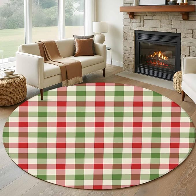Washable Round Area Rug Vintage Pastoral Red Green Buffalo Gingham Circle Rugs Floor Carpet for Living Room Bedroom, Christmas Plaid Soft Non Slip Round Rug 5ft